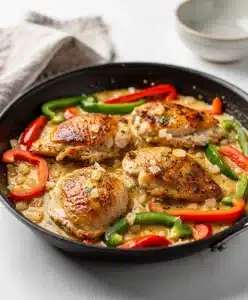 Creamy chicken skillet dinner with bell peppers in a rustic cast iron pan