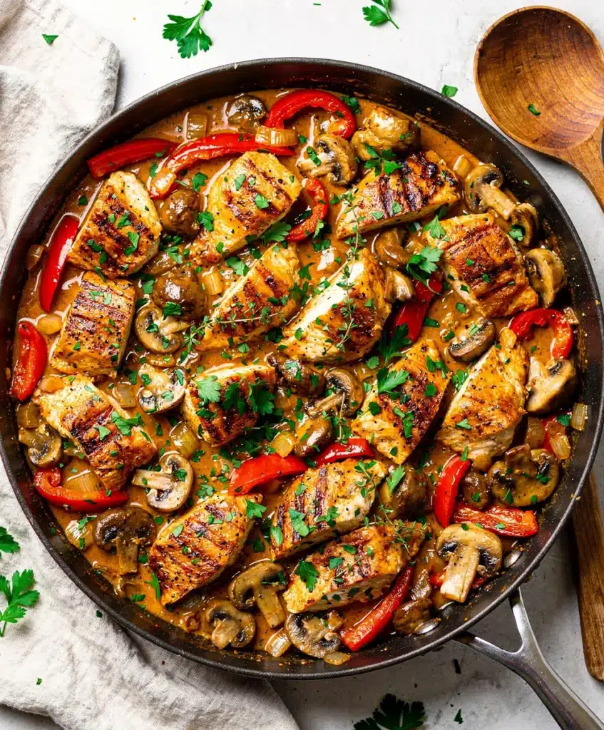 Creamy skillet chicken dinner with bell peppers and mushrooms on rustic table