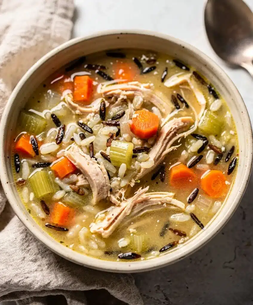 Creamy chicken and wild rice soup in a rustic bowl with vegetables and parsley.