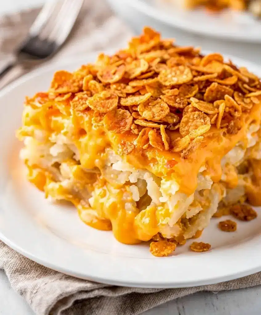 Creamy crockpot hashbrown casserole with melted cheddar and crispy onions.