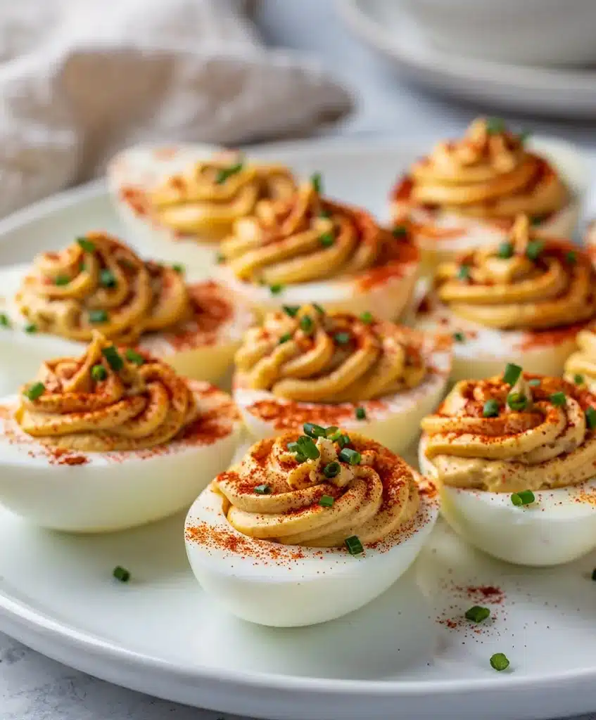 Creamy deviled eggs with smoked paprika on a rustic wooden serving board.