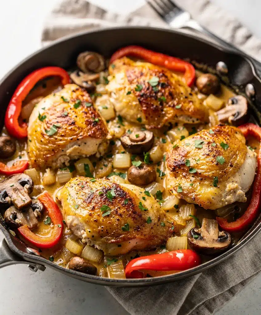 Creamy Dijon mustard skillet chicken with mushrooms and red peppers for dinner