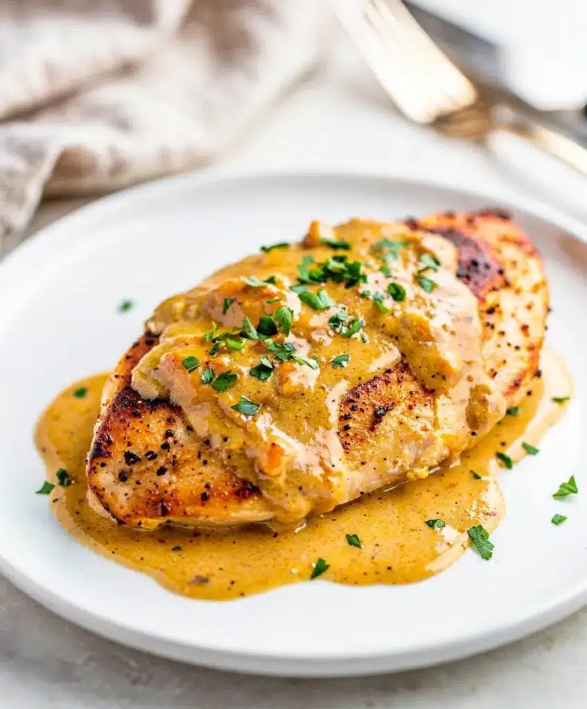 Creamy Dijon chicken recipe with golden seared breast in mustard sauce.