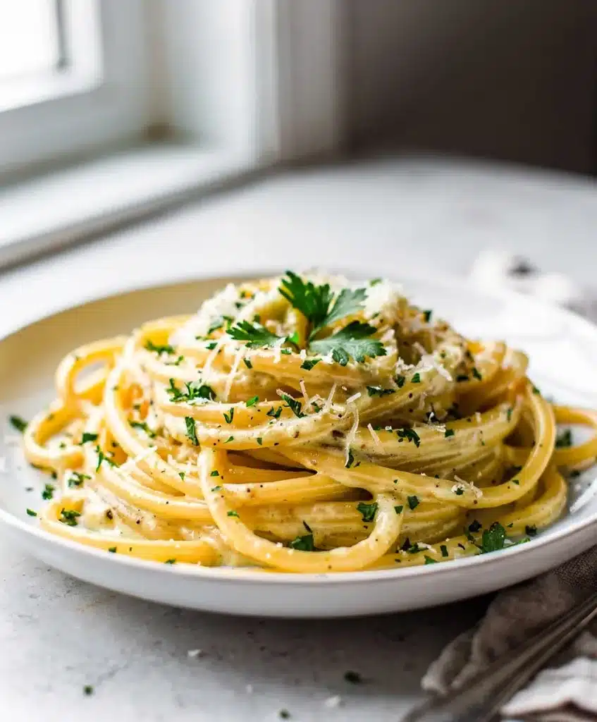 Creamy garlic parmesan pasta recipe with fettuccine, fresh parsley, and grated cheese.