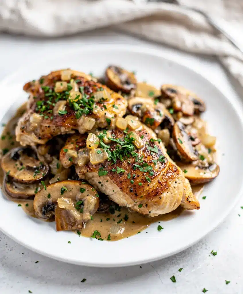 Creamy mushroom chicken recipe with glossy sauce for healthy dinner ideas