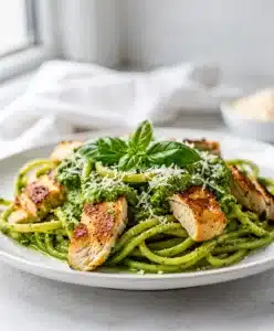 Creamy pesto chicken pasta with penne and fresh basil in close up.