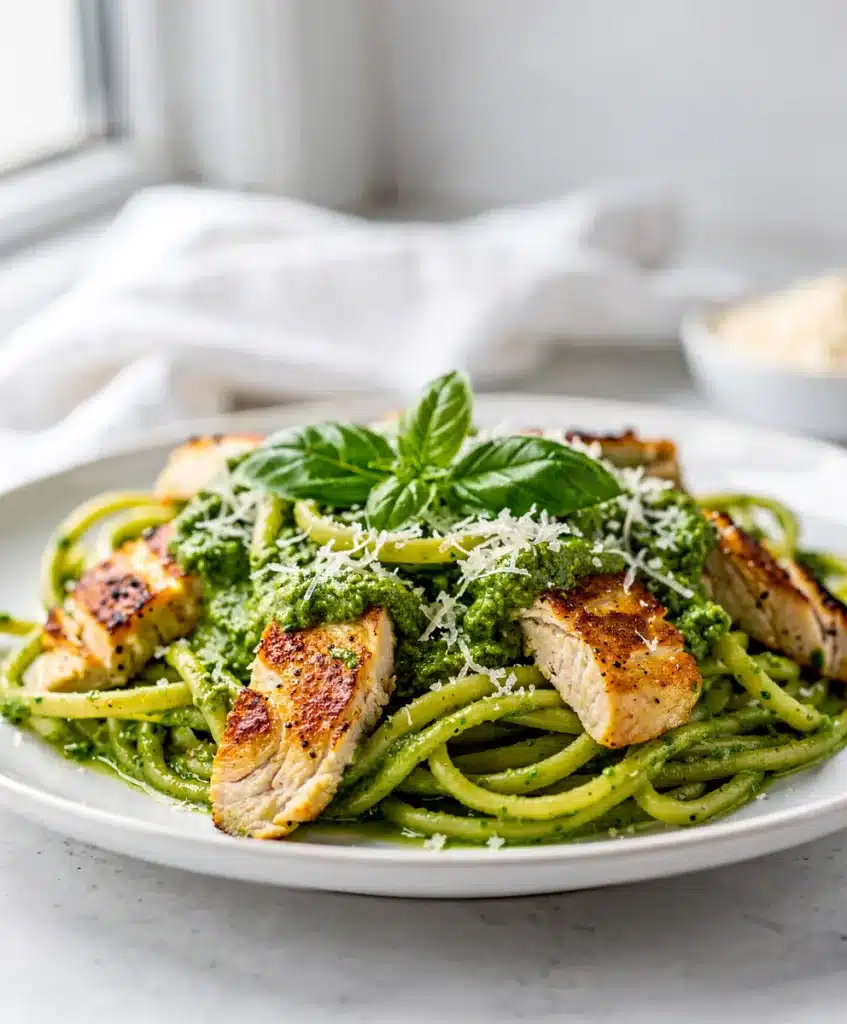 Creamy pesto chicken pasta with penne and fresh basil in close up.