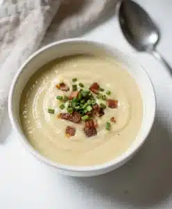 Creamy potato leek soup in a white bowl with chives and cream