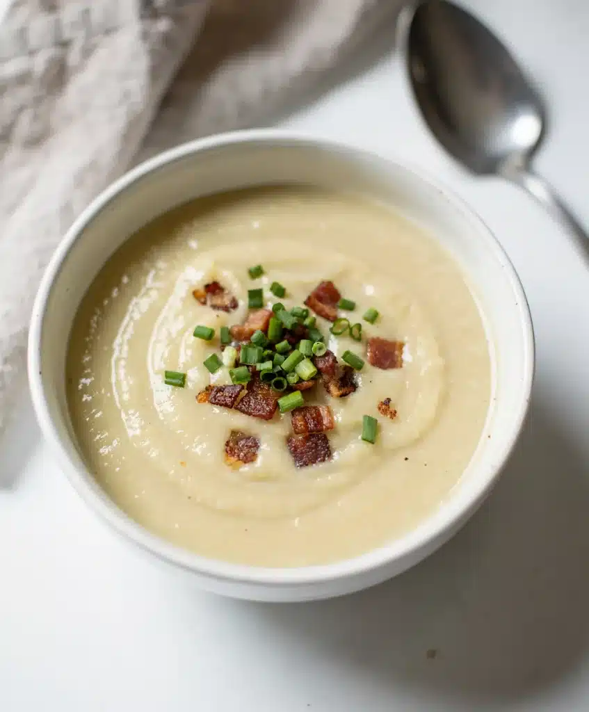 Creamy potato leek soup in a white bowl with chives and cream