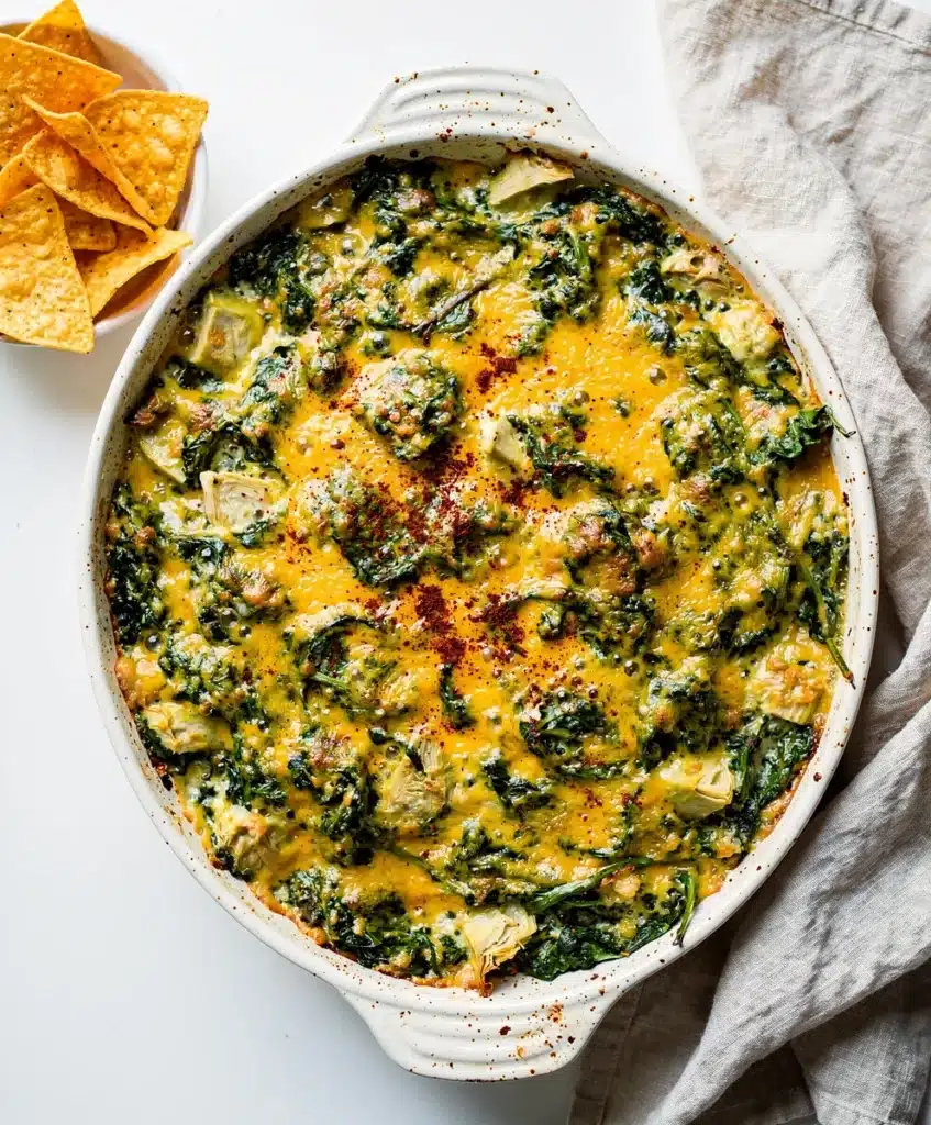Creamy spinach artichoke dip baked golden and bubbly with chips and bread.