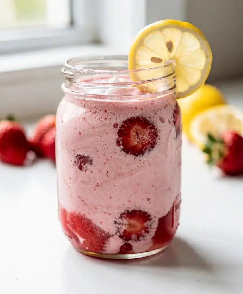 Creamy strawberry lemonade smoothie in a tall glass with fresh fruit garnish.
