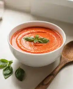 Creamy tomato basil soup in a rustic bowl with fresh basil garnish