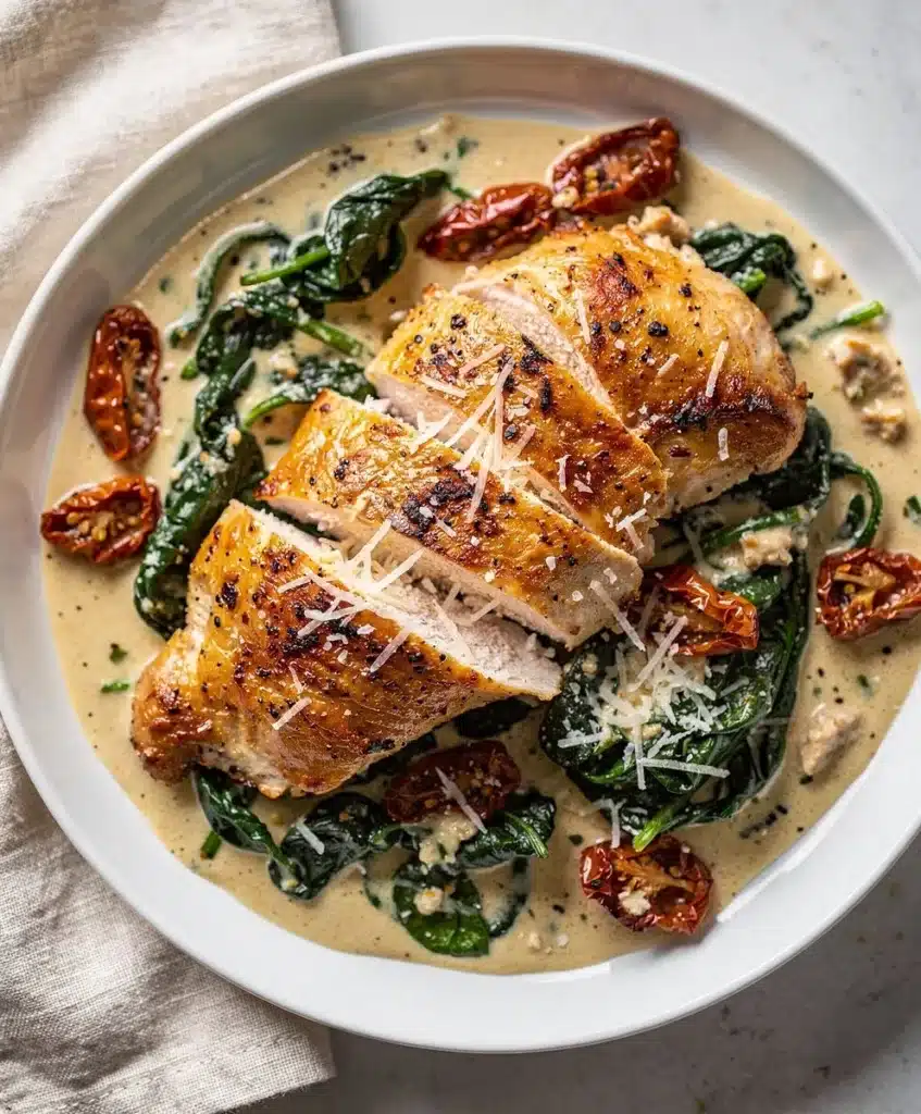 Creamy Tuscan chicken skillet with sun dried tomatoes and fresh herbs