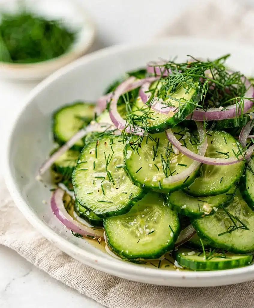 Crisp cucumber salad with red onion and fresh dill in a white bowl.