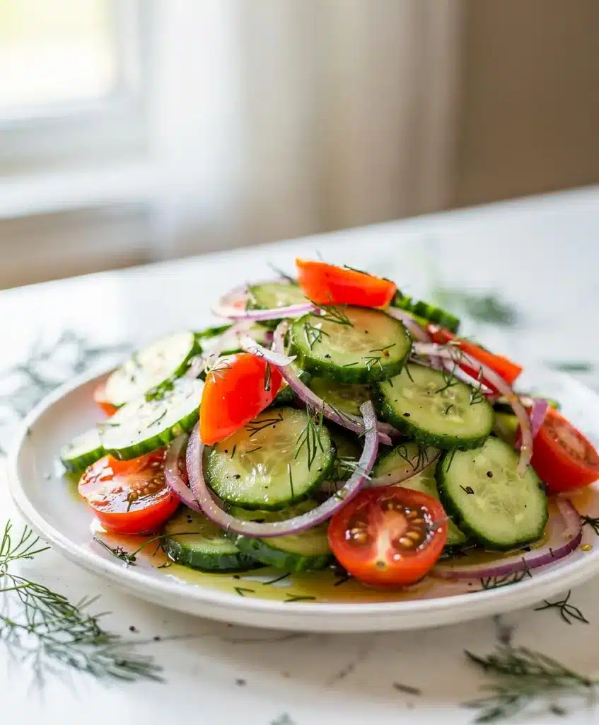 Fresh cucumber salad with tomatoes and herbs in a bright picnic style.