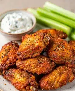 Crispy air fryer wings with blue cheese dressing and celery sticks.