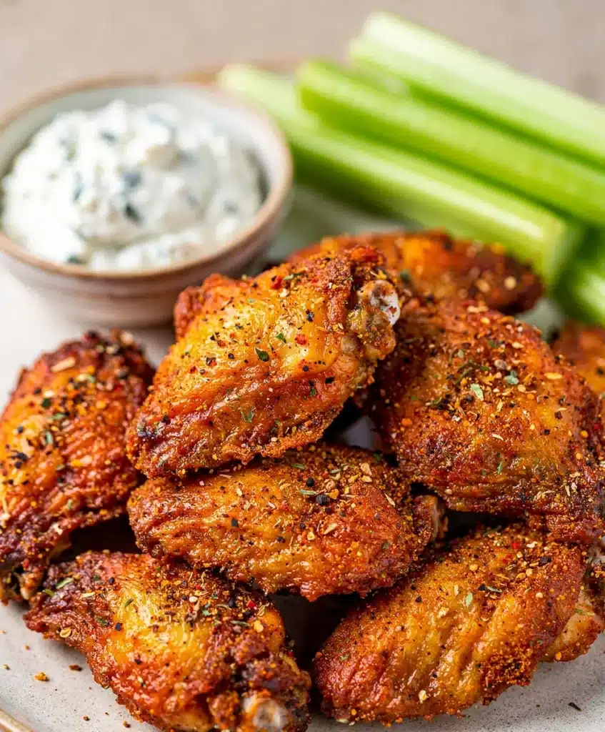 Crispy air fryer wings with blue cheese dressing and celery sticks.