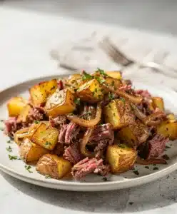 Crispy golden corned beef hash recipe for a savory satisfying breakfast meal.