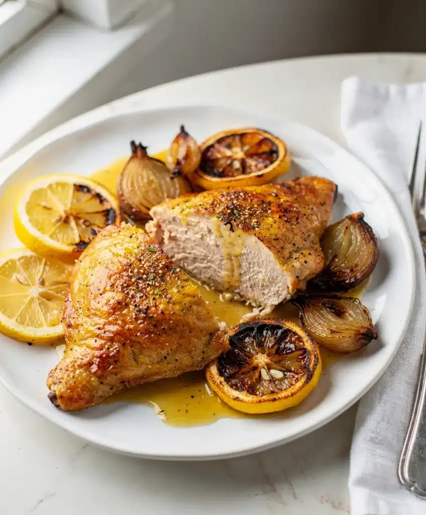 Crispy Greek lemon chicken recipe with roasted lemons and fresh oregano.