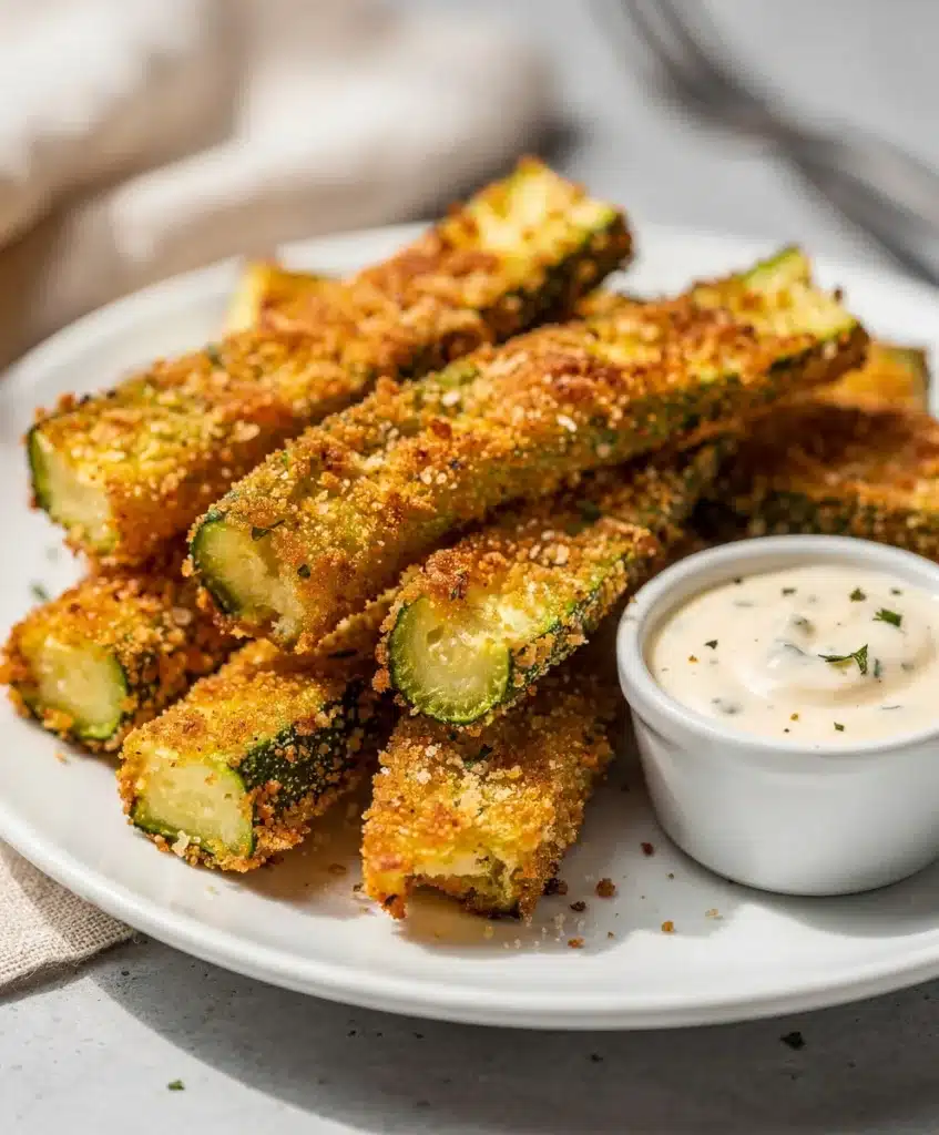 Crispy parmesan zucchini fries with a golden panko crust and dipping sauce.