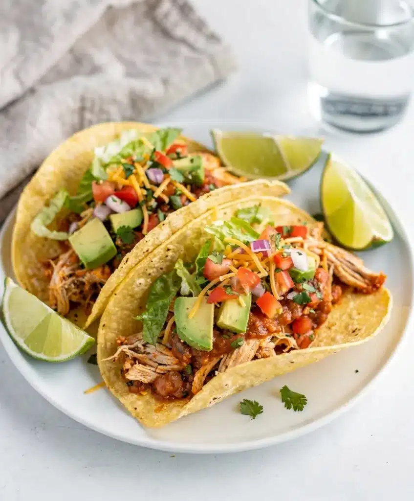 Creamy shredded chicken tacos with fresh avocado and crisp lettuce toppings.