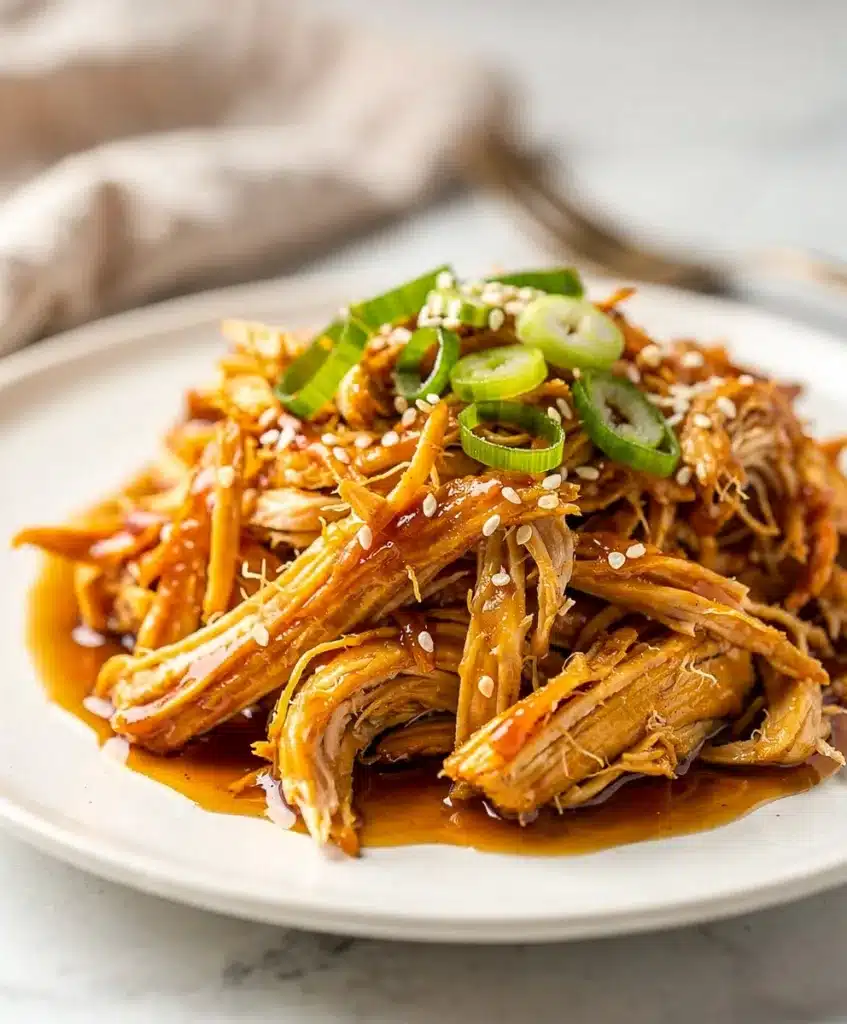 Crockpot honey garlic chicken served over rice with broccoli and green onions
