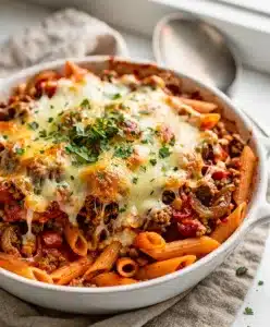 Easy pasta bake with golden cheese, red sauce, and penne on white plate.