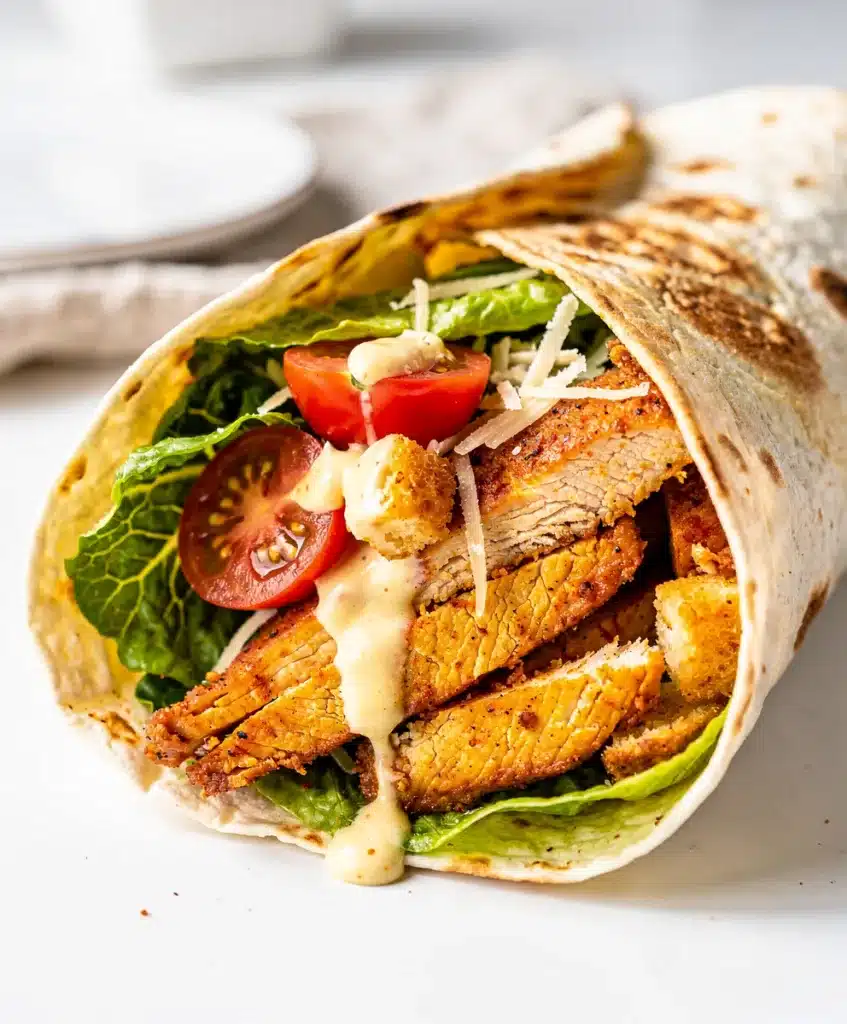 Crunchy Chicken Caesar Wrap recipe with grilled chicken and creamy Caesar dressing.