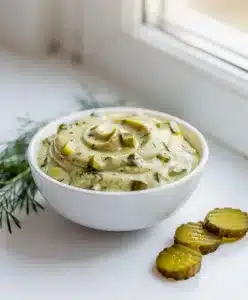 Creamy homemade dill pickle mayonnaise with fresh herbs in a rustic bowl