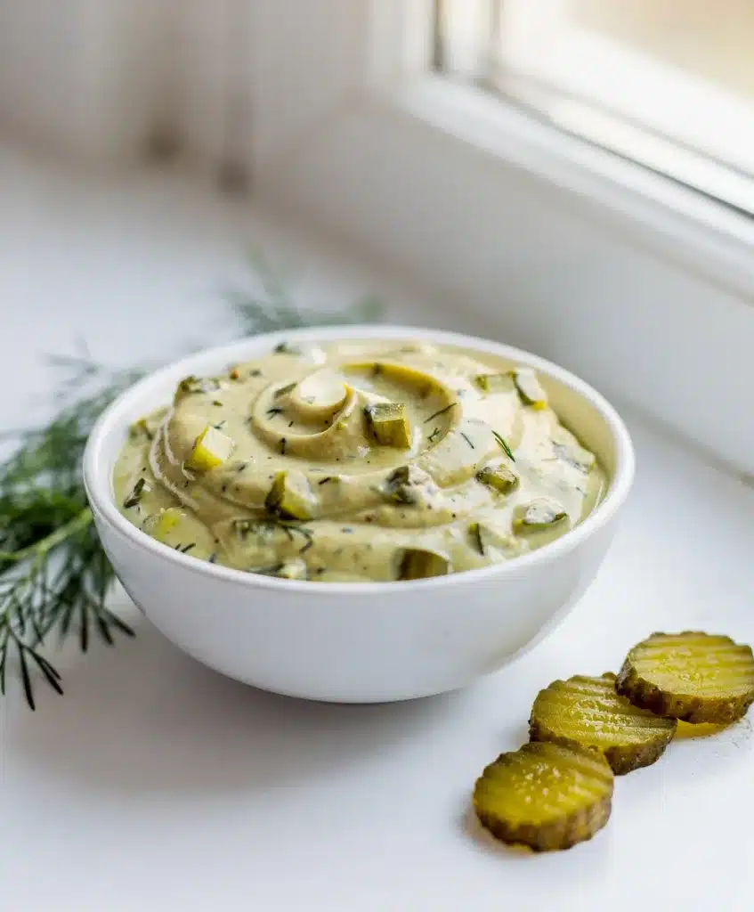 Creamy homemade dill pickle mayonnaise with fresh herbs in a rustic bowl