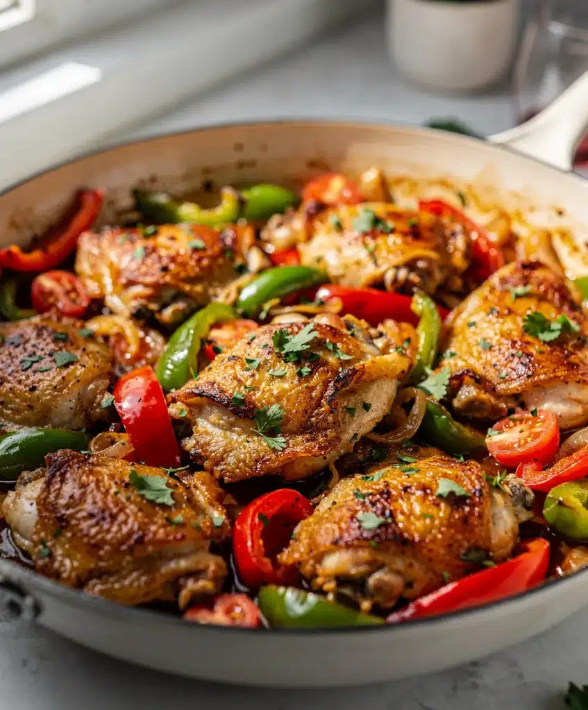 Creamy skillet chicken dinner recipe with tender meat and vibrant vegetables.
