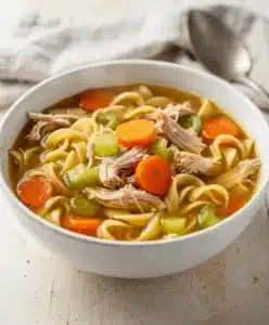 Easy Cozy Chicken Noodle Soup recipe with tender chicken and carrots in golden broth.