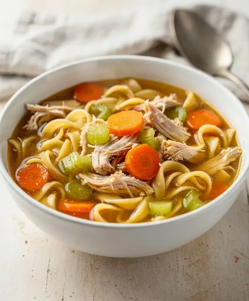 Easy Cozy Chicken Noodle Soup recipe with tender chicken and carrots in golden broth.