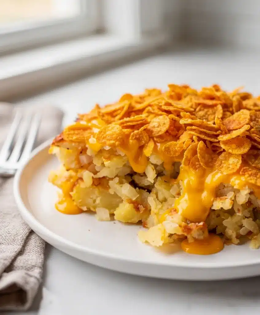 Golden bubbly crockpot hashbrown casserole with creamy cheese and crispy cornflake topping.