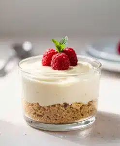 No bake cheesecake cups with creamy filling and fresh raspberry topping.