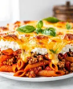 Easy weeknight pasta bake with ground beef, marinara, and melted cheese.