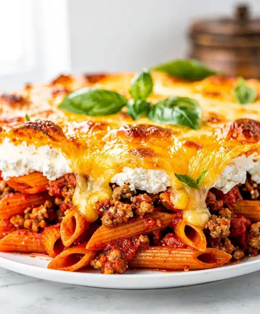 Easy weeknight pasta bake with ground beef, marinara, and melted cheese.
