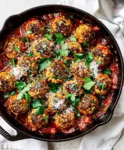 Easy turkey meatball marinara skillet with rich sauce and melted parmesan cheese.