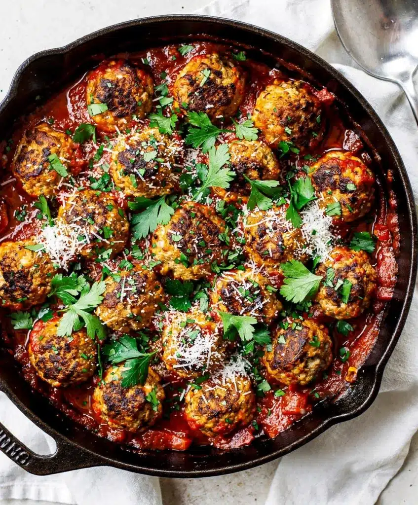 Easy turkey meatball marinara skillet with rich sauce and melted parmesan cheese.
