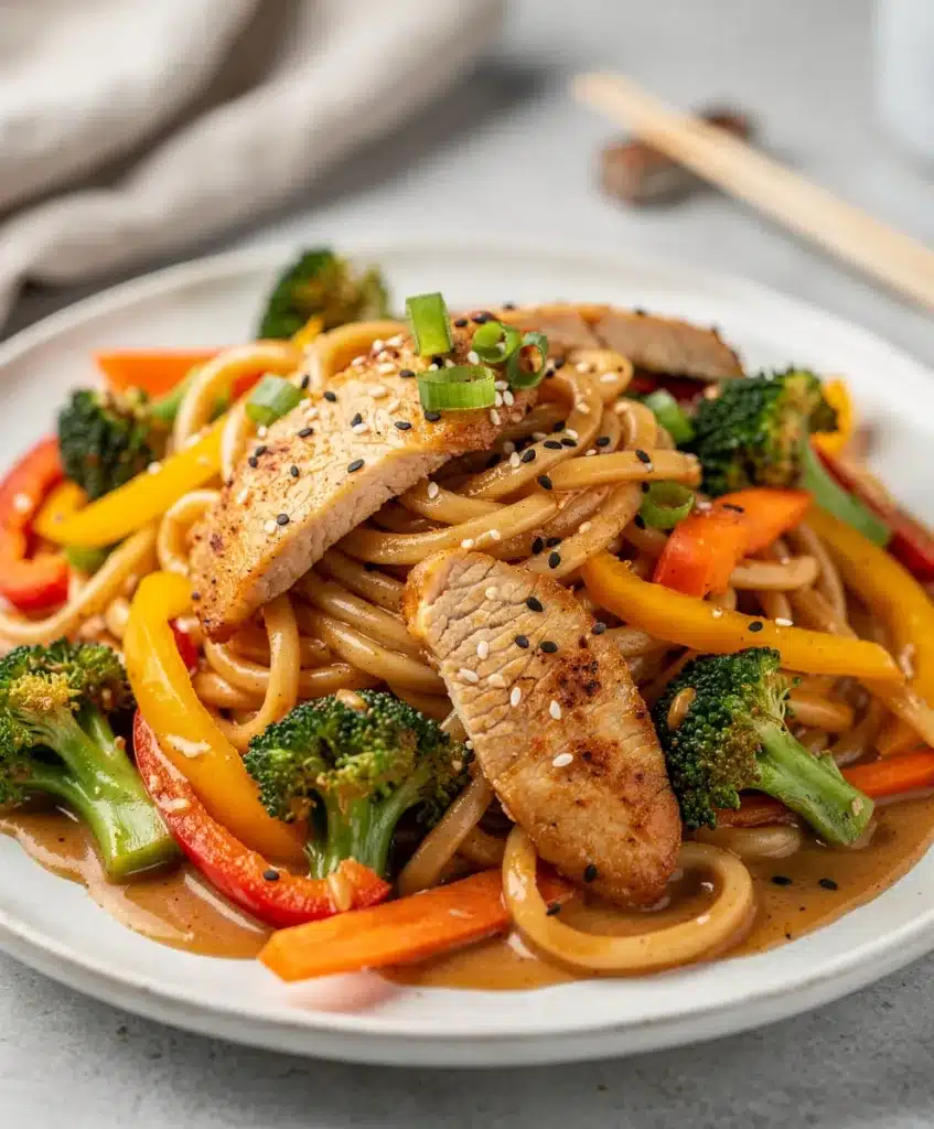 Easy udon stir fry recipe with chicken, broccoli, and glossy sauce.
