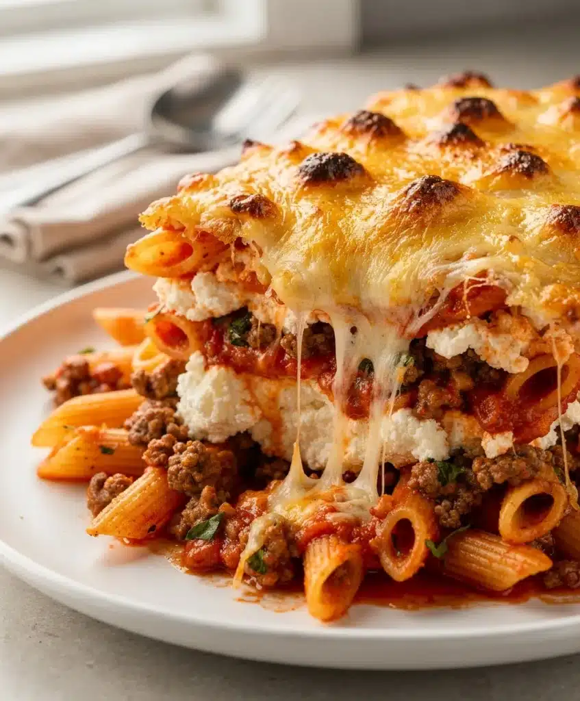 Family easy pasta bake recipe with golden brown crispy cheese crust and penne pasta.