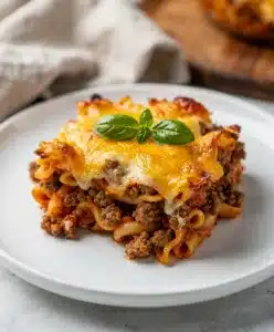 Hearty family ground beef casserole with pasta and melted golden cheese.