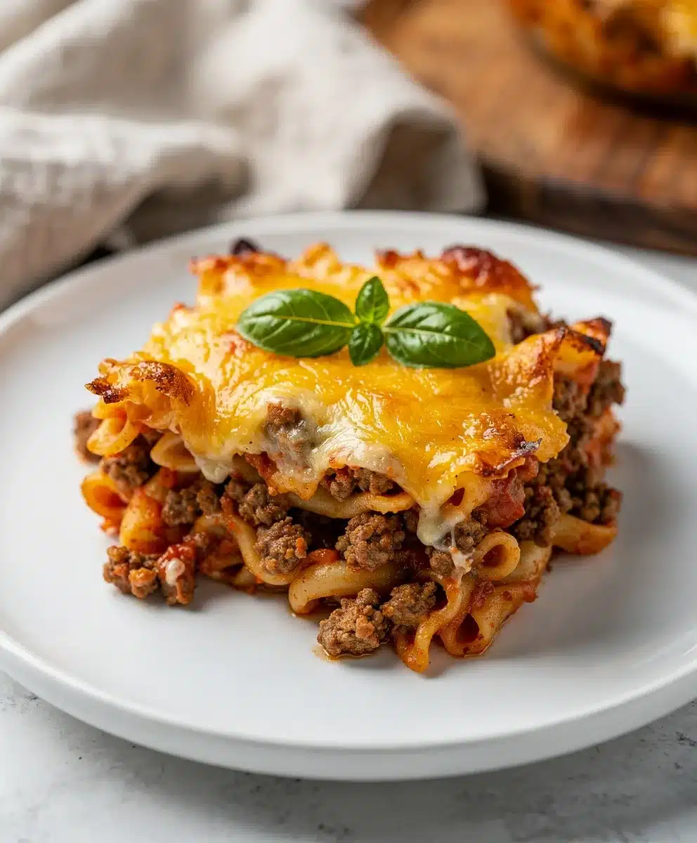 Hearty family ground beef casserole with pasta and melted golden cheese.