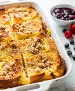 Family overnight French toast bake with crispy bacon and tart berry compote.
