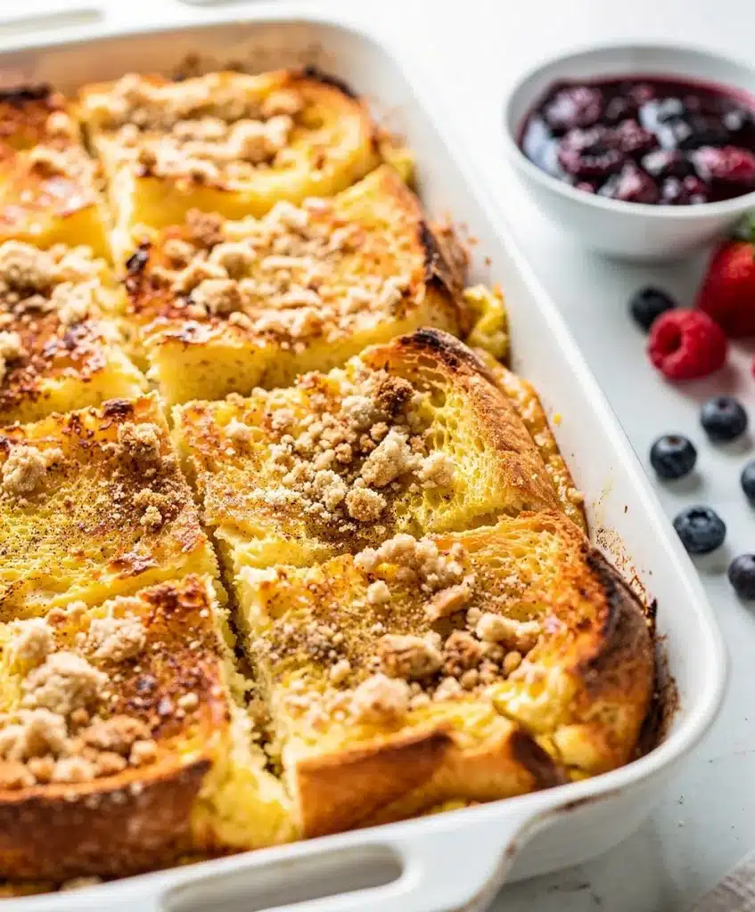 Family overnight French toast bake with crispy bacon and tart berry compote.