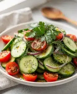 Fresh cucumber salad with crisp slices and glossy cherry tomatoes on rustic table