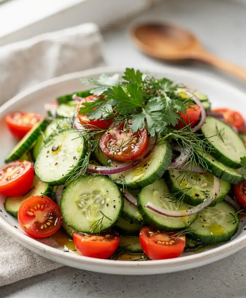 Fresh cucumber salad with crisp slices and glossy cherry tomatoes on rustic table