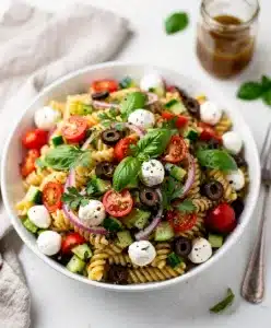 Colorful rotini pasta salad with fresh vegetables and Italian vinaigrette dressing.
