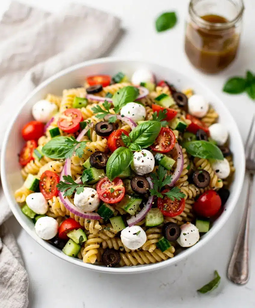 Colorful rotini pasta salad with fresh vegetables and Italian vinaigrette dressing.