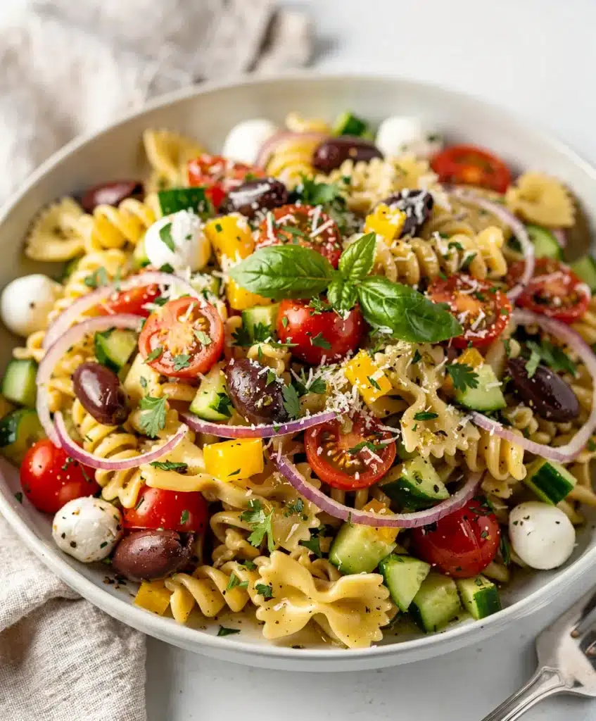 Colorful fresh pasta salad with lemon herb vinaigrette in rustic bowl.